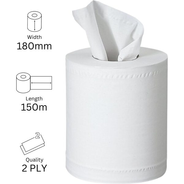 Centre Pull Rolls 2 Ply WHITE  180mm x 150m X 6
