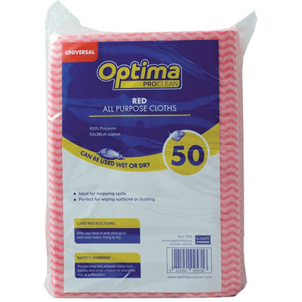 Optima Proclean Spunlace All Purpose Cloths RED 50x36CM X 50