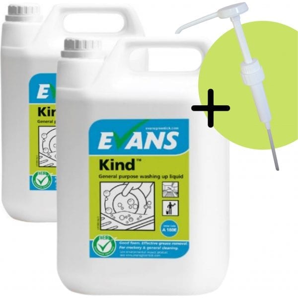 2 x Evans Kind Commercial General Purpose Washing Up Liquid 5ltr with FREE pump